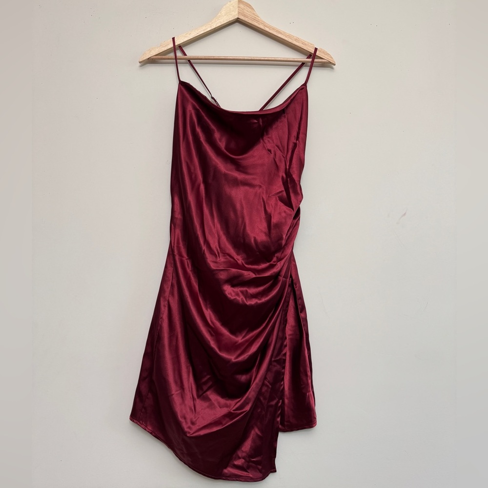Burgundy Ruched Asymmetrical Slip Dress